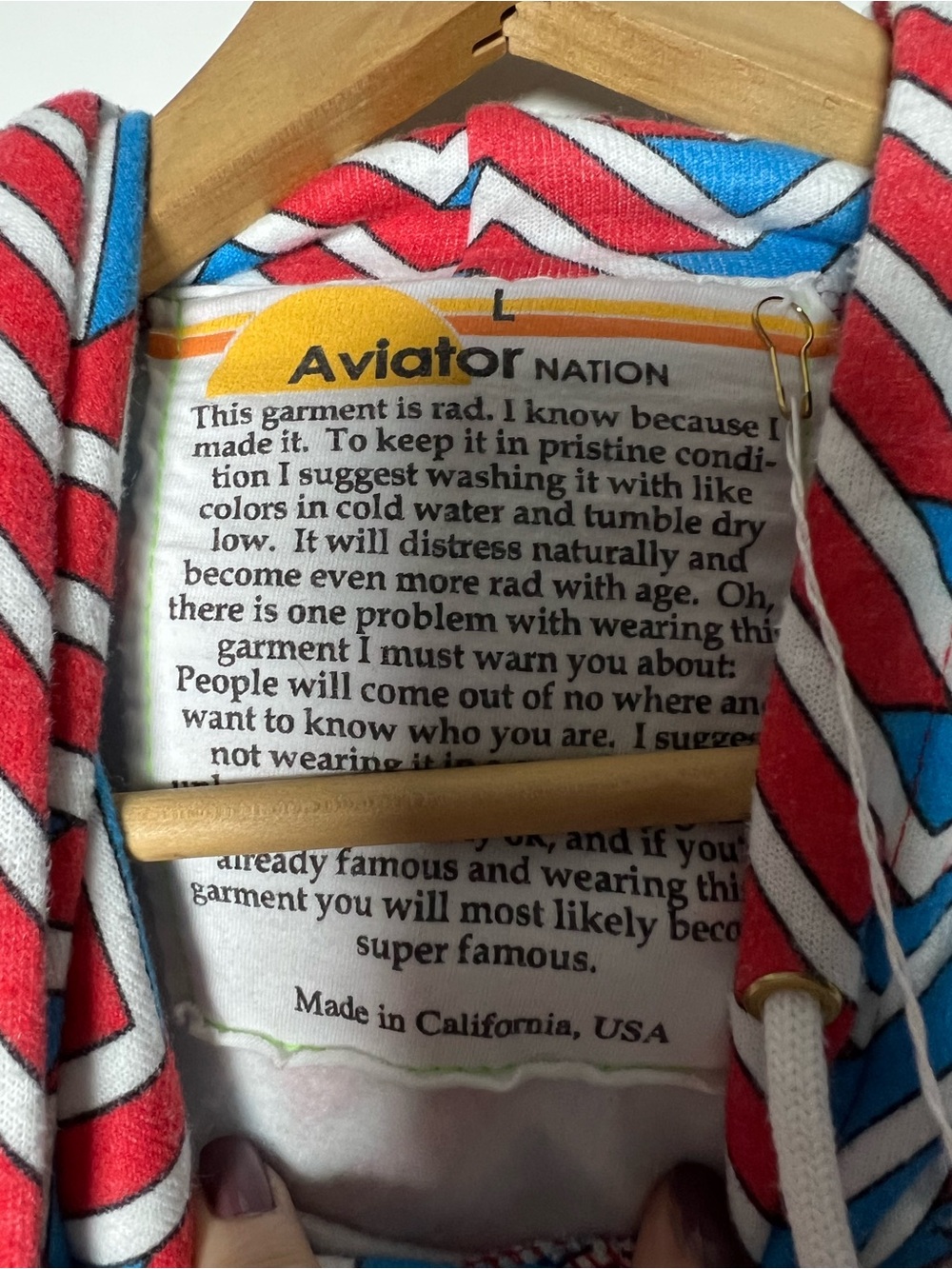 Aviator Nation Geo Zig Bolt Embroidery Relaxed Crop Pullover Hoodie Red Blue L - Picture 5 of 13